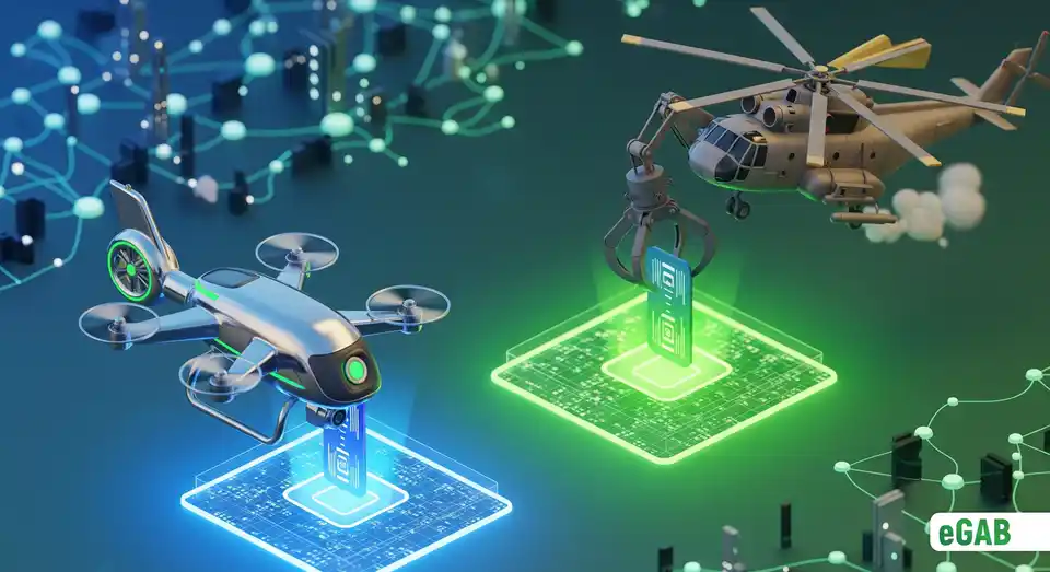 An efficient drone representing CREST Chain outperforming a heavy helicopter, symbolizing its superior design for academic credentials.