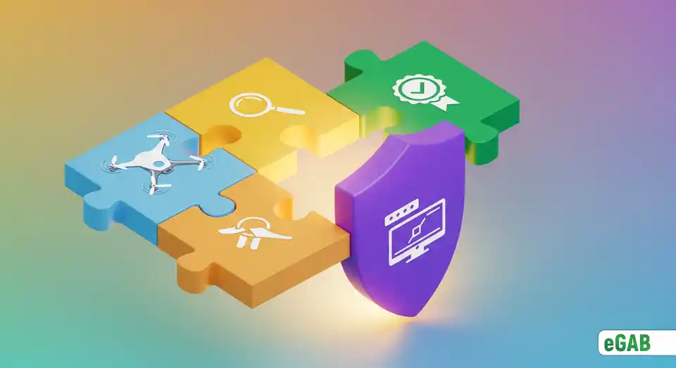 Four puzzle pieces representing eGAB's core components forming a shield, symbolizing it as the best and most complete solution.