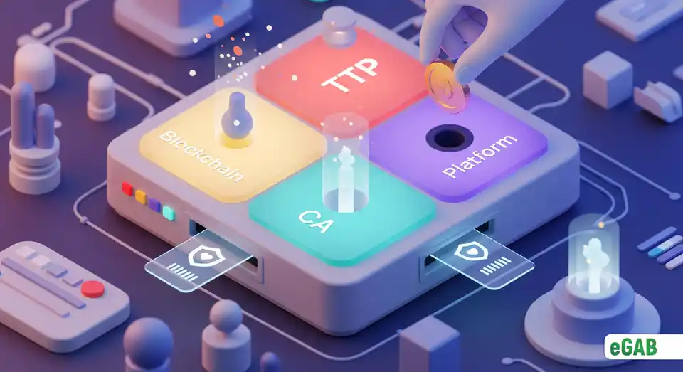 A single coin powering a large machine that produces a digital credential, illustrating the cost-effectiveness of the eGAB platform.