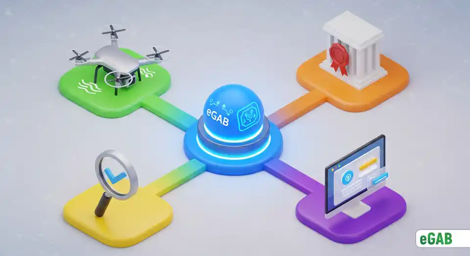 An infographic showing the four core components of the eGAB ecosystem: blockchain, TTP, CA, and a global platform.