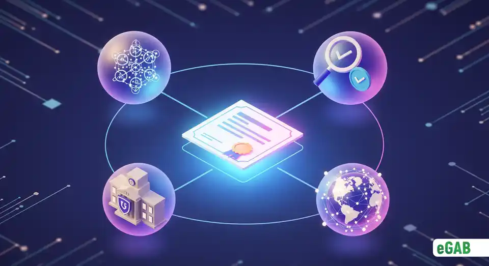 A 3D infographic of the eGAB ecosystem showing a central diploma orbited by symbols for blockchain, trust, authority, and a global platform.