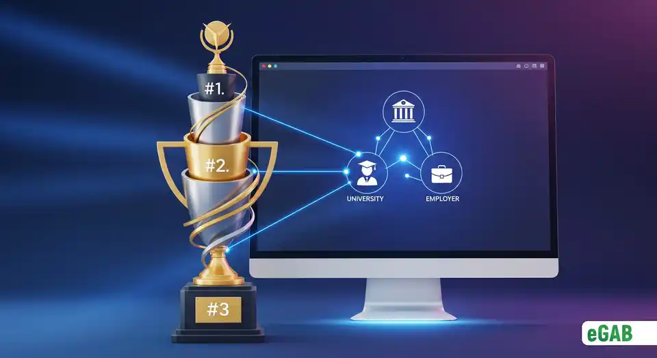 A top-ranking platform interface next to a winner's podium, symbolizing its seamless user experience and high visibility.