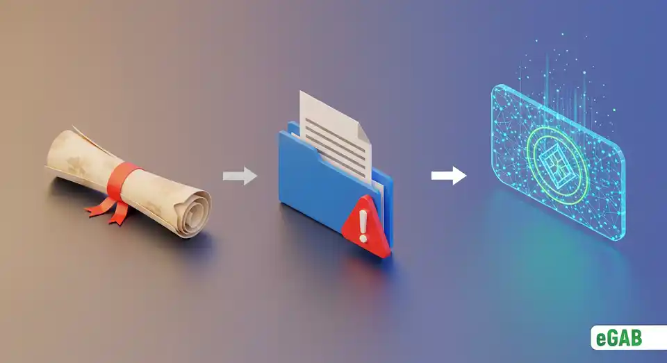 The evolution of credentials from a paper diploma and insecure file to a secure, glowing blockchain-verified digital credential.
