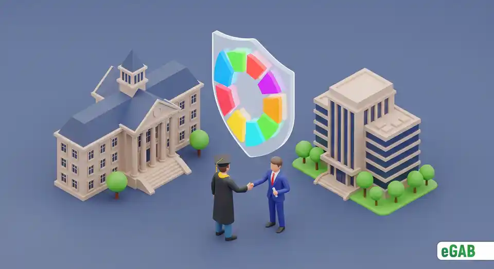A protective shield made of twelve glowing parts, representing the GDCP's principles safeguarding universities, graduates, and employers.