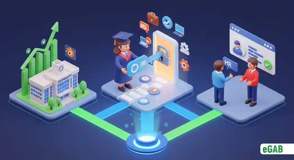 An infographic showcasing the benefits of eGAB, connecting a university, a graduate with a digital key, and an HR professional, symbolizing a trusted ecosystem.