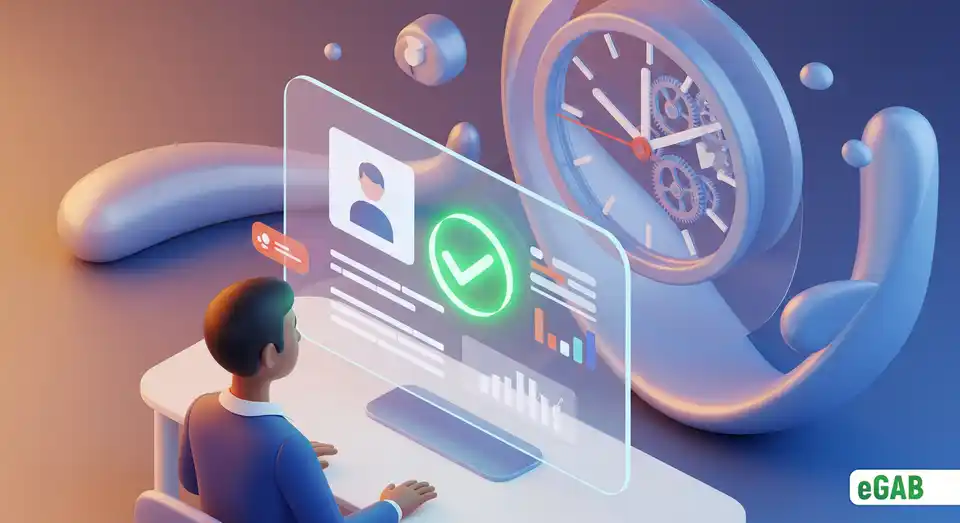 An HR professional instantly verifies a digital credential, illustrated by a green checkmark, showing a faster and more confident hiring process with eGAB.