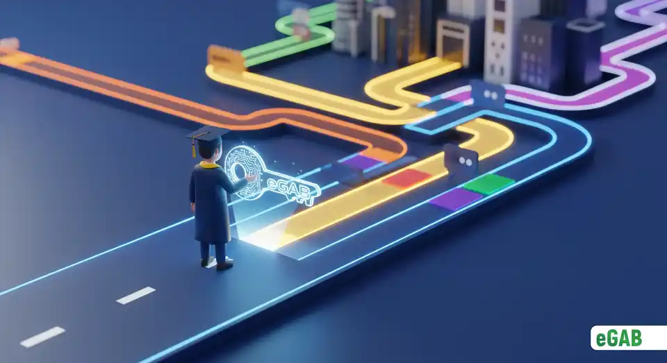 A graduate holds a glowing digital credential key, giving them a competitive edge and improved employability on their career path.