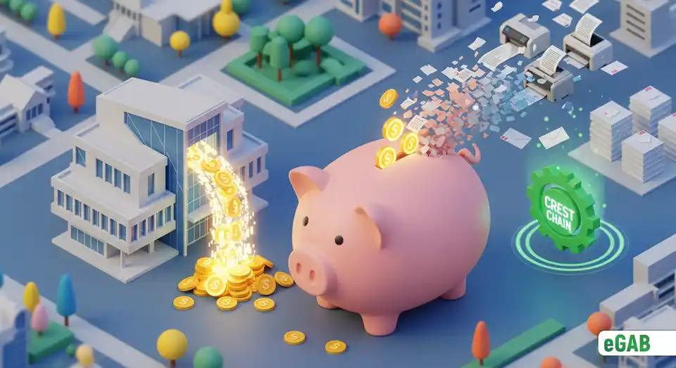 A piggy bank overflowing with savings from a university using efficient digital credentials, representing eGAB's cost-effectiveness.