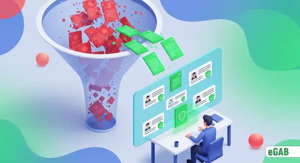 An employer reviewing vetted digital credentials with trust badges, showing how eGAB builds confidence by filtering out diploma mills.