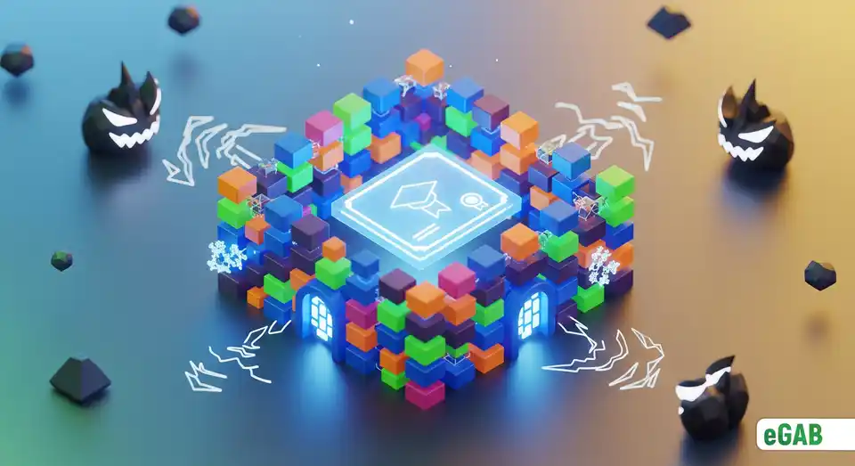 3D rendering of a digital diploma inside a secure blockchain fortress, illustrating eGAB's unshakeable forgery protection.
