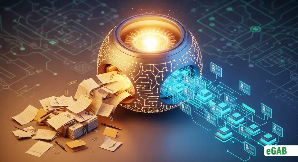 A 3D infographic of the eGAB platform as an engine transforming paper credentials into a secure, global digital system.