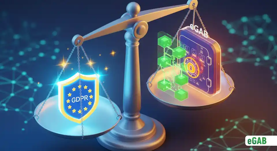 Scales of justice balancing GDPR compliance with the eGAB system, symbolizing global legal compliance for digital documents.