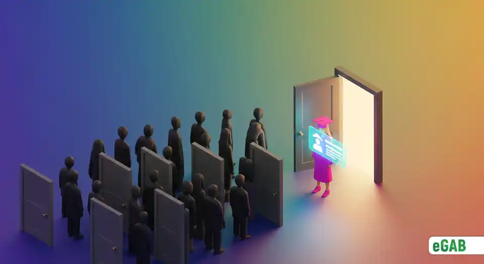 A graduate with a glowing digital credential stands out from other job applicants, illustrating a competitive edge in the job market.