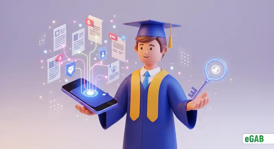 3D illustration of a graduate holding a digital wallet and key, representing full ownership of academic records via SSI.