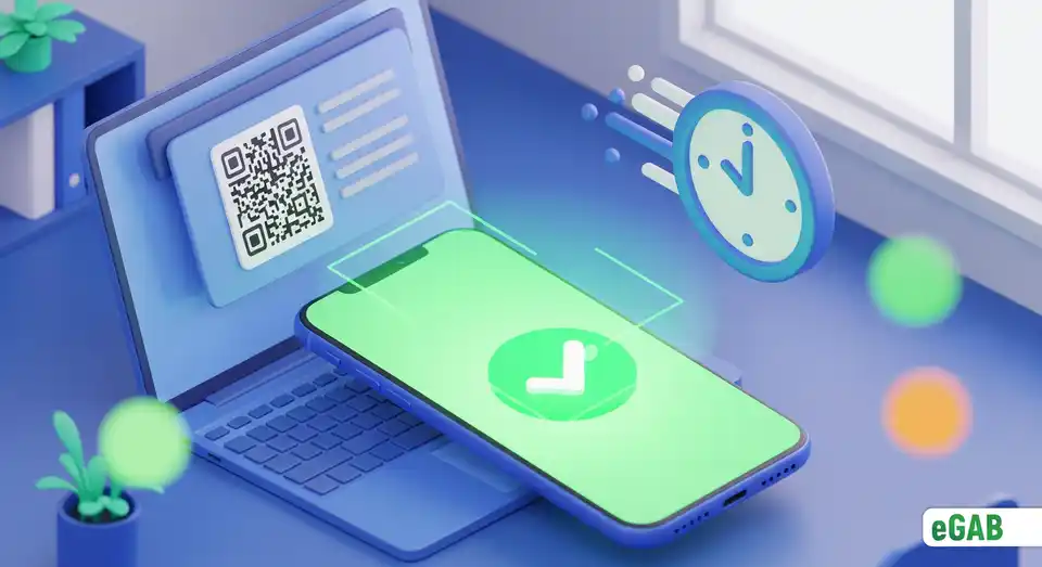 A smartphone instantly verifying a digital credential with a green checkmark, demonstrating eGAB's one-click verification.