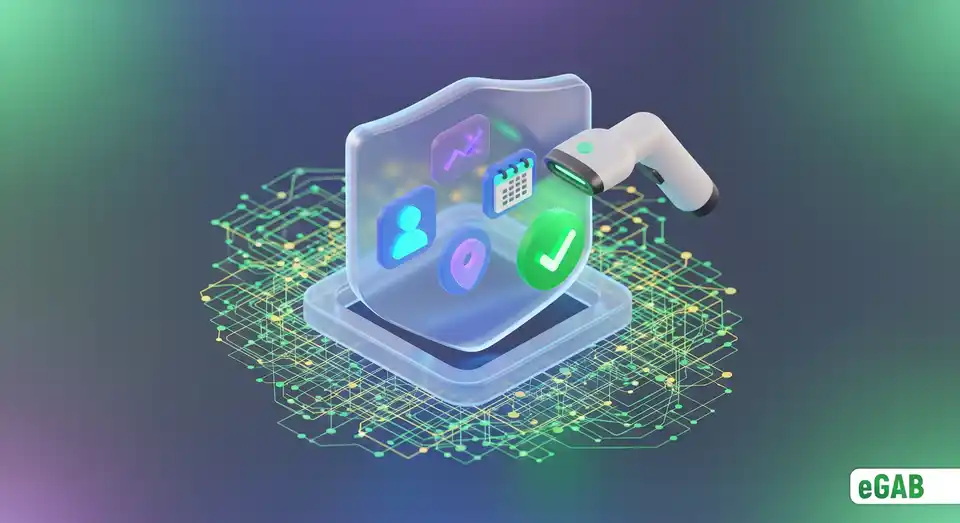 A digital shield protecting personal data while allowing verification, illustrating how eGAB balances openness and data privacy.