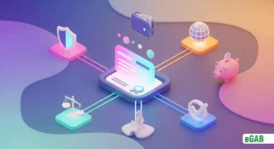 An infographic showing a central diploma connected to icons for security, ownership, interoperability, and other eGAB benefits.