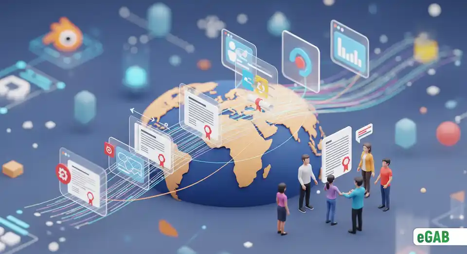 A globe with interconnected data paths showing digital credentials moving between countries, illustrating universal recognition and interoperability.