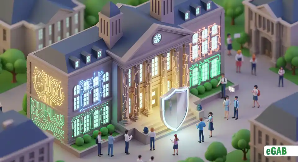 A prestigious university building glowing with technology, attracting top students and enhancing its reputation with eGAB.