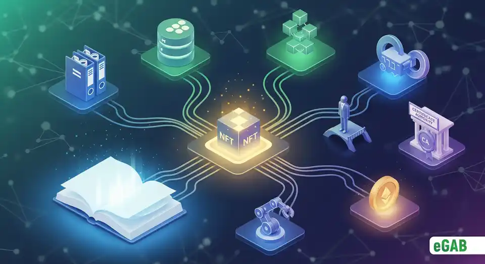 A visual glossary infographic with 3D icons for database, blockchain, NFT, TTP, CA, smart contract, and cryptocurrency.
