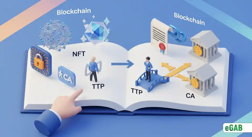 A 3D infographic explaining blockchain, NFTs, TTP, and CA by translating complex digital icons into simple, understandable analogies.