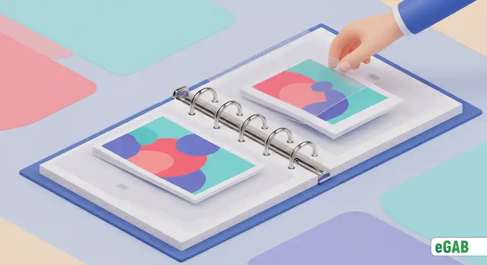 A 3D illustration of an open ring binder, representing a database where documents can be easily edited or replaced.