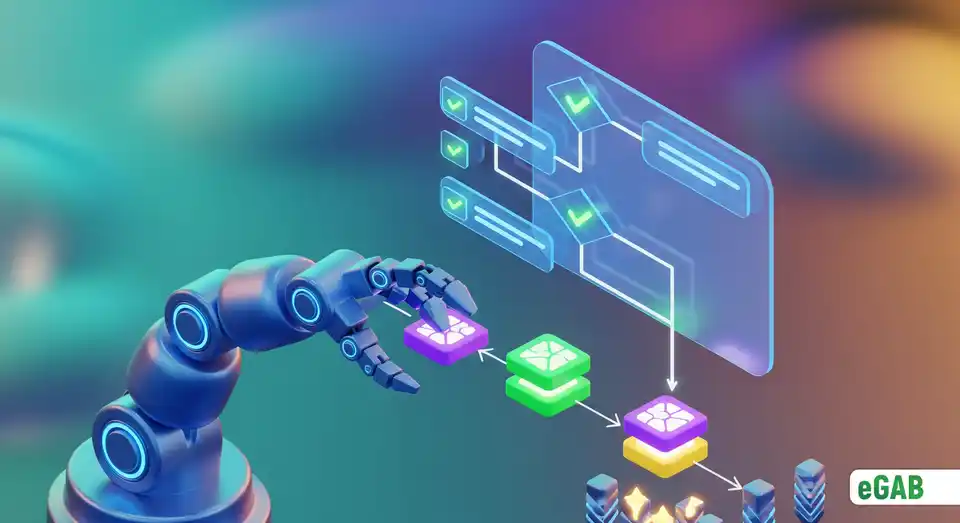 A 3D render explaining a smart contract as an automated robot that executes predefined rules on a blockchain.
