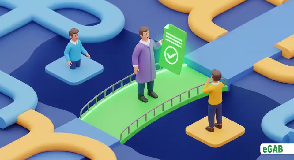 A 3D illustration explaining a Trusted Third Party (TTP) as a verifier creating trust between two people.