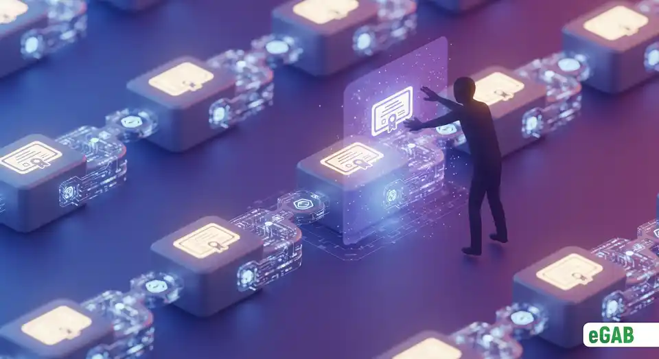 An unbreakable chain of glowing blockchain blocks, each containing a diploma icon, illustrating a secure, tamper-proof academic ledger.