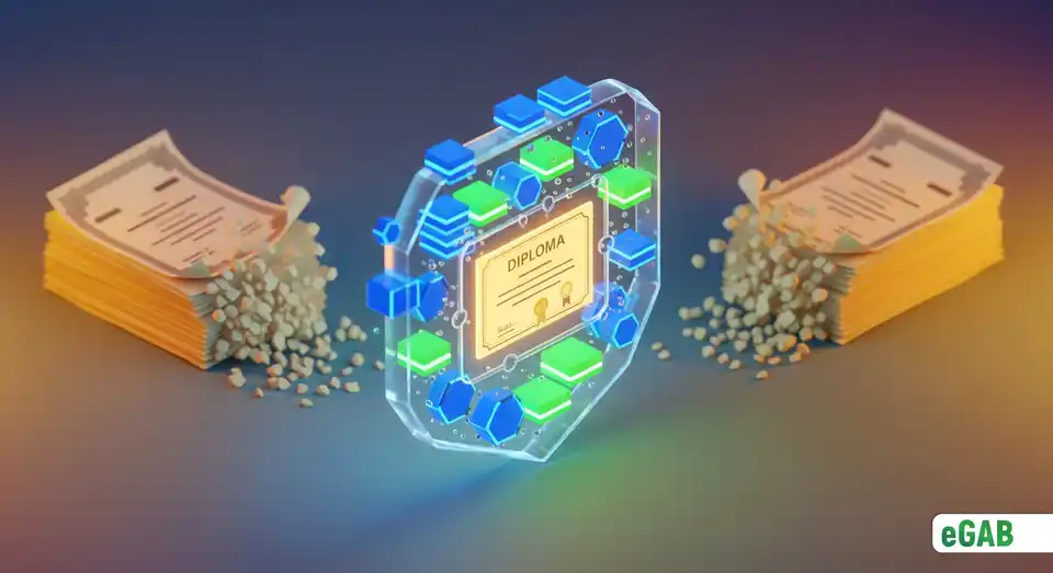 A secure digital diploma protected by a blockchain shield, contrasting with old crumbling paper certificates, representing the evolution of credential verification.