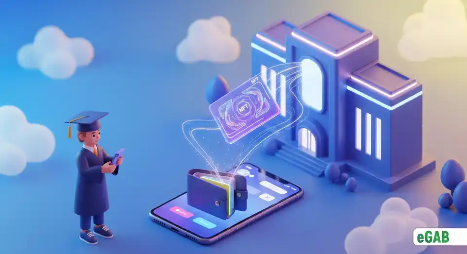 An NFT diploma being transferred from a university to a student's digital wallet, symbolizing self-sovereign identity and data ownership.