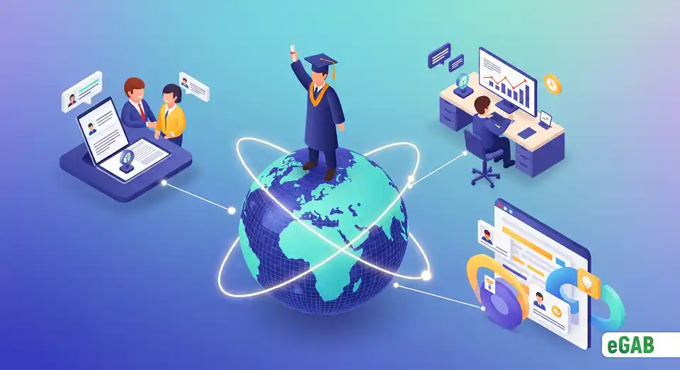 A graduate on a globe connected to icons of global mobility, cost savings, and lifelong learning, showing the benefits of blockchain credentials.