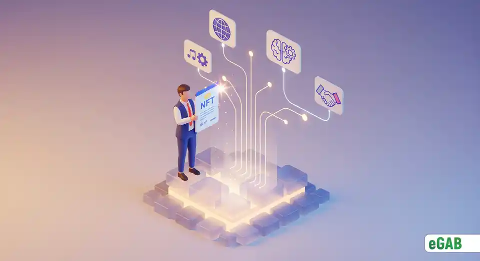 A person standing on a blockchain platform holding a glowing NFT, with paths leading to icons of global opportunity, symbolizing trust and ownership.