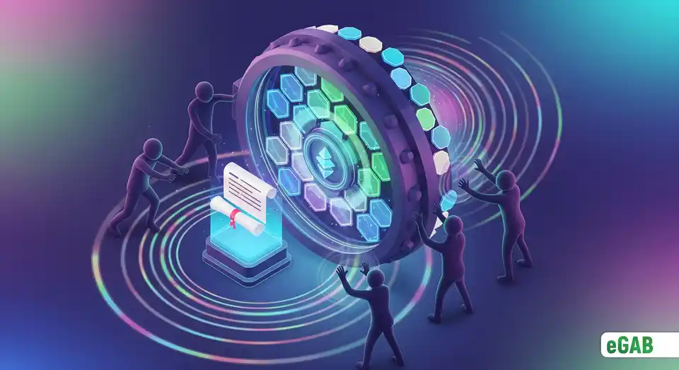 A digital diploma secured inside a blockchain vault, illustrating how blockchain boosts trust and prevents academic fraud in education.
