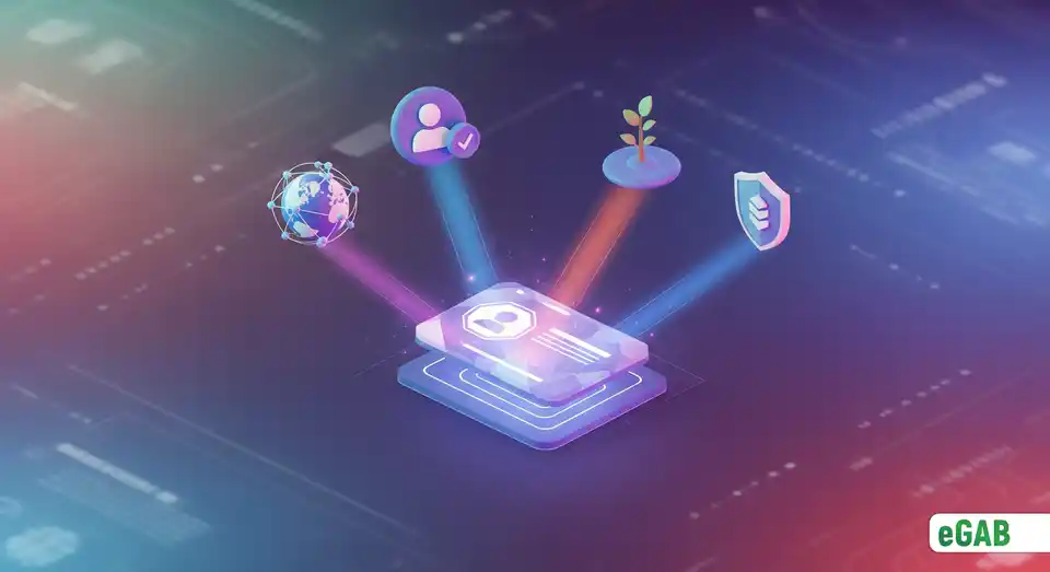 A summary infographic with a central credential surrounded by icons for global standards, career integration, lifelong learning, and blockchain trust.