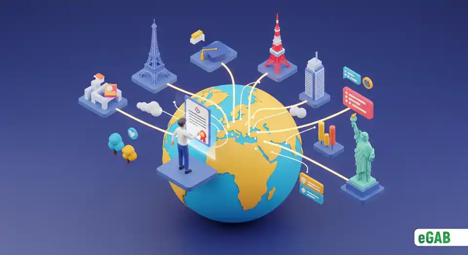 A digital diploma connected to global landmarks by lines of light, symbolizing the global standardization and recognition of academic credentials.