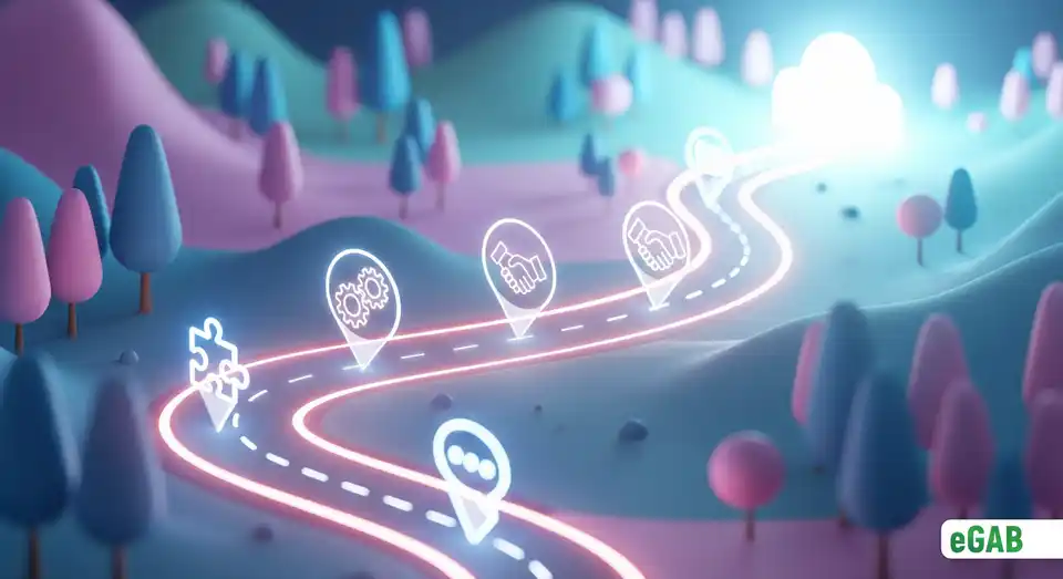 A glowing roadmap with icons for features, partnerships, and user feedback, representing the continuous development and future of eGAB.