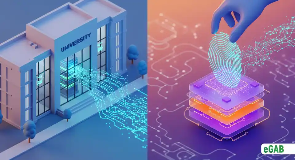 Diagram showing a university server creating a cryptographic fingerprint on a blockchain, symbolizing SIS integration with eGAB.