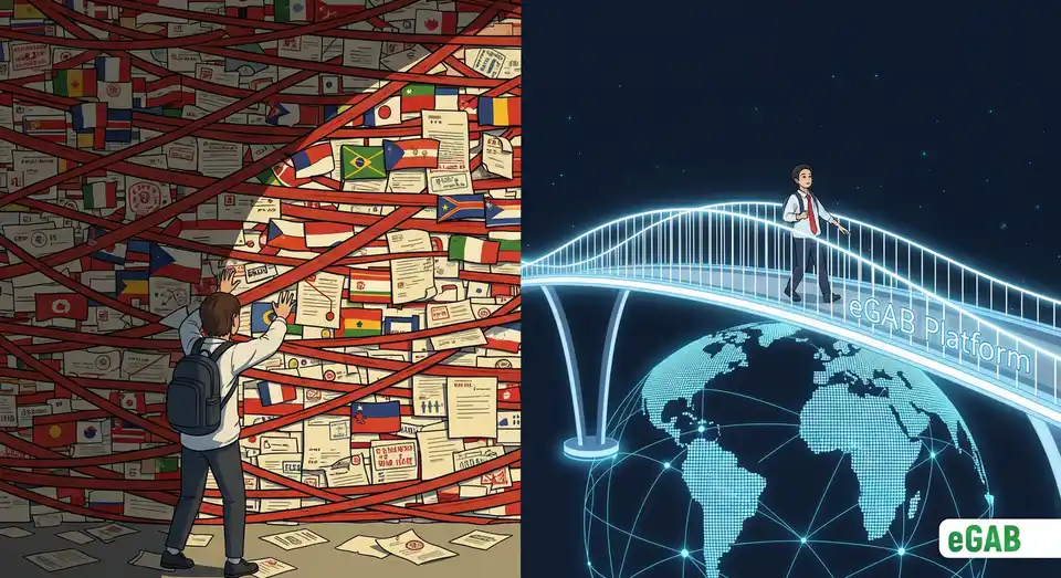 3D infographic contrasting slow, traditional credential verification with the seamless global mobility offered by the eGAB blockchain.