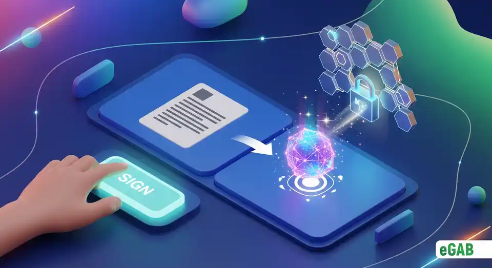 A 3D illustration of the minting process, where a digital document is cryptographically sealed and becomes a permanent NFT credential on the blockchain.