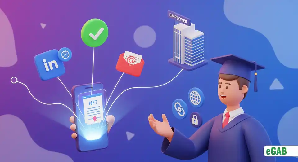Graduate easily managing and sharing their verifiable NFT diploma from a smartphone, with icons for privacy control and employer verification.