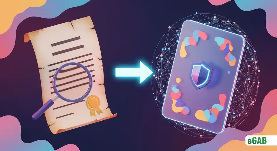 A 3D infographic showing the evolution from a traditional paper diploma to a secure, verifiable NFT credential on the blockchain.