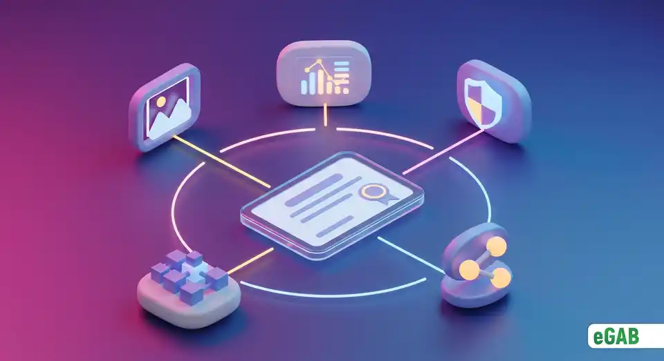 A summary graphic showing a central diploma orbited by icons for its visual, data, trust, blockchain, and sharing components.