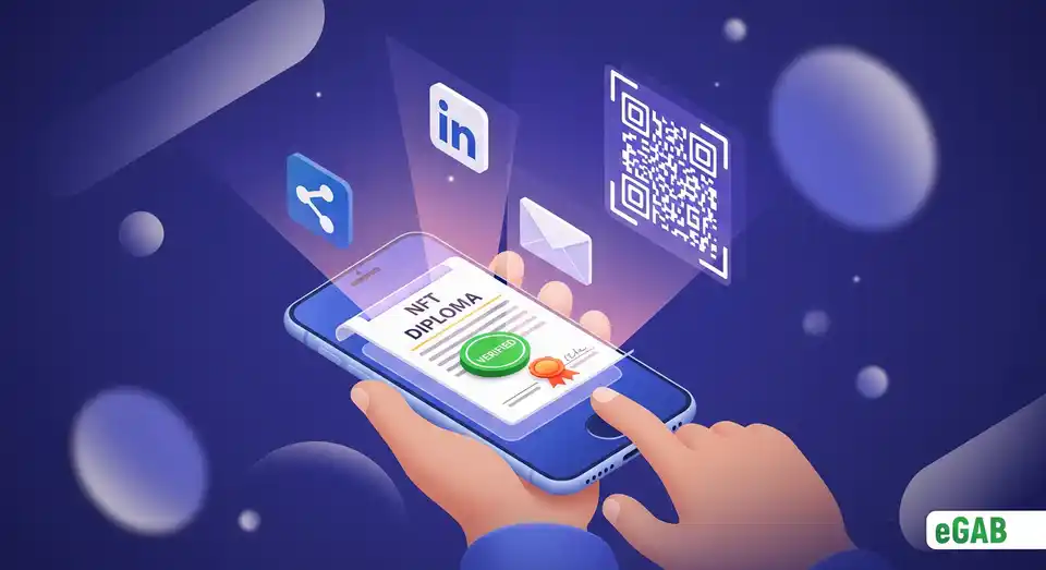 A smartphone showing an NFT diploma with sharing icons for social media and a QR code, representing interactive elements.