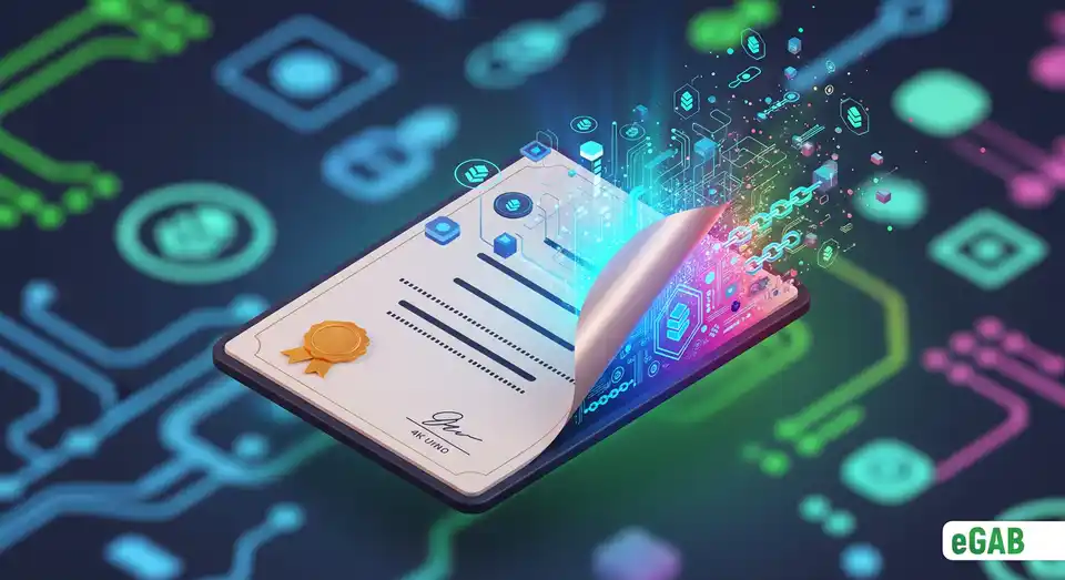 A digital diploma peeling back to reveal an underlying network of blockchain technology, representing what an NFT diploma truly is.
