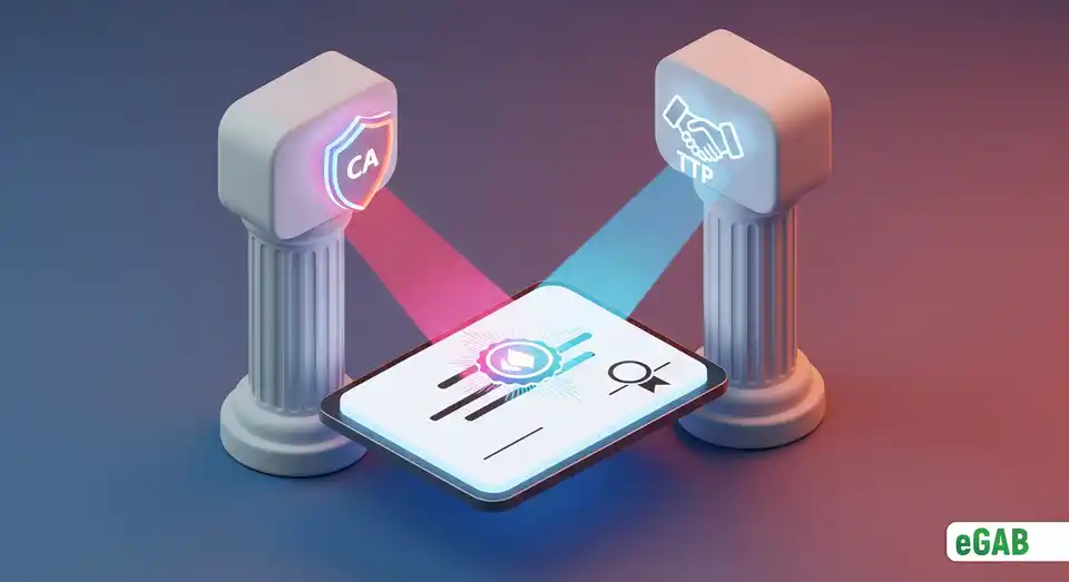 A digital diploma receiving a seal of approval from a CA and TTP, illustrating the trust layer for verifying authenticity.