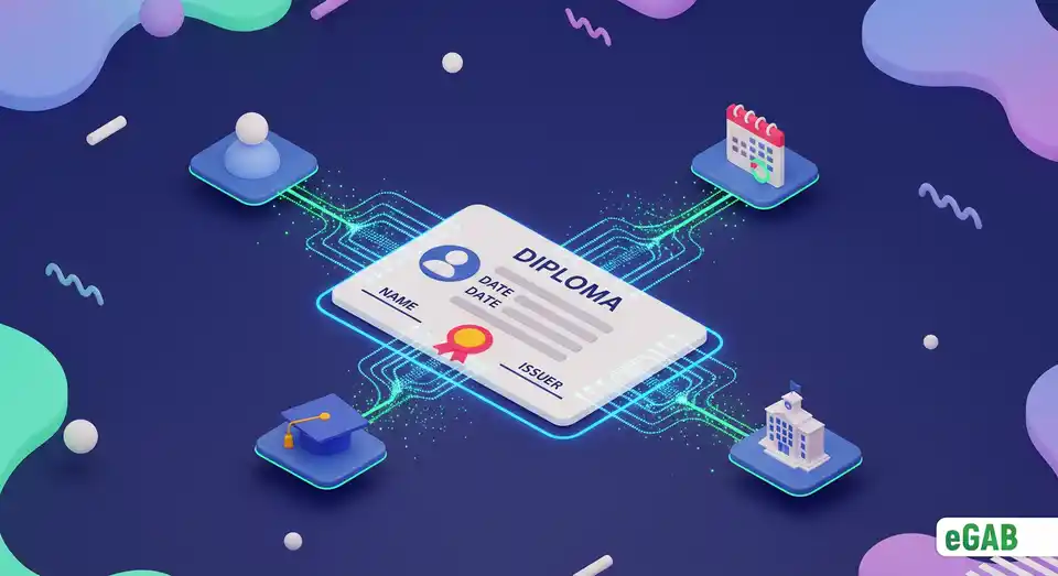 A digital diploma with data fields connecting to icons for name, date, and degree, symbolizing verifiable credential information.