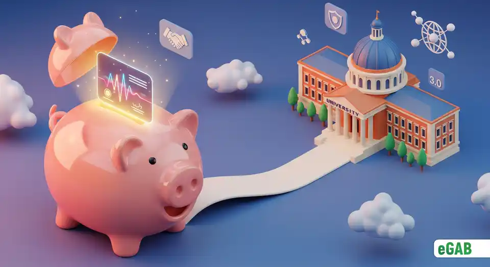 A summary graphic showing a piggy bank with a digital diploma inside, connected to a university, symbolizing affordable and accessible credentialing.