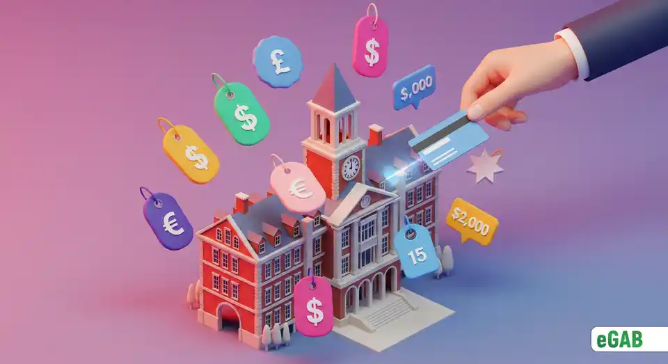 Illustrating the direct fees for manual diploma verification with a hand paying a university surrounded by various price tags.