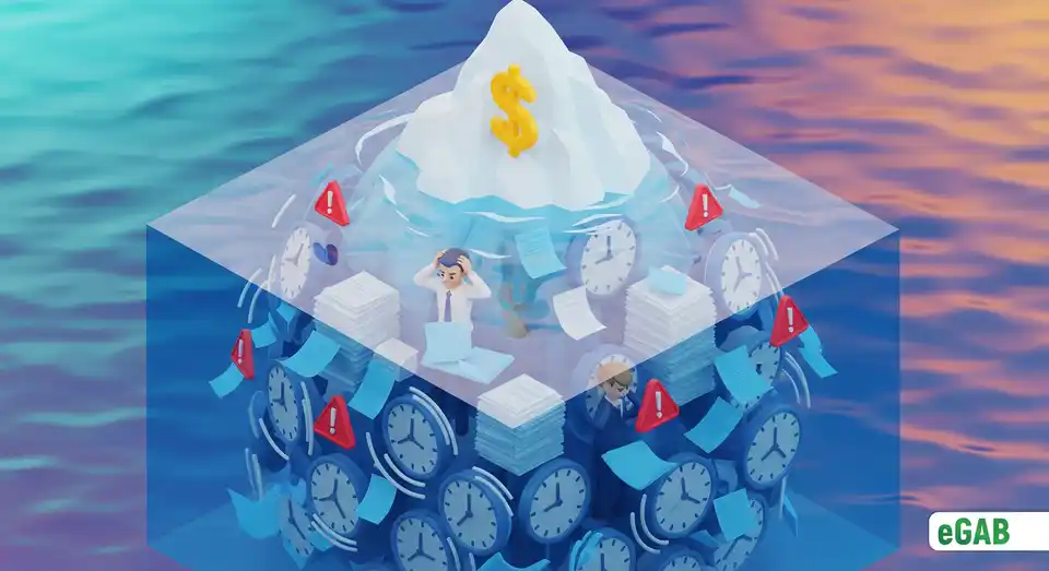 An iceberg infographic showing the hidden costs of diploma verification, with small direct fees on the tip and large hidden costs below.